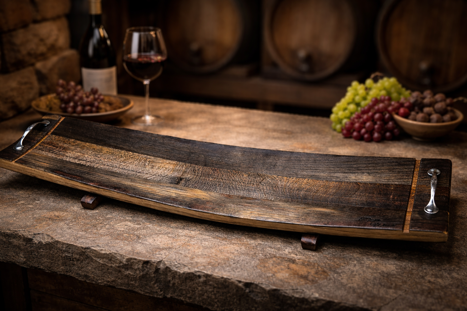 Oversized reclaimed wine barrel wood serving board handmade oak acacia 95 cm