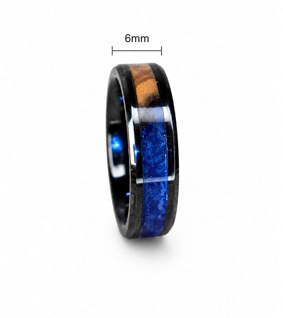 Premium black ceramic wedding ring handcrafted from olive wood and blue pearl resin