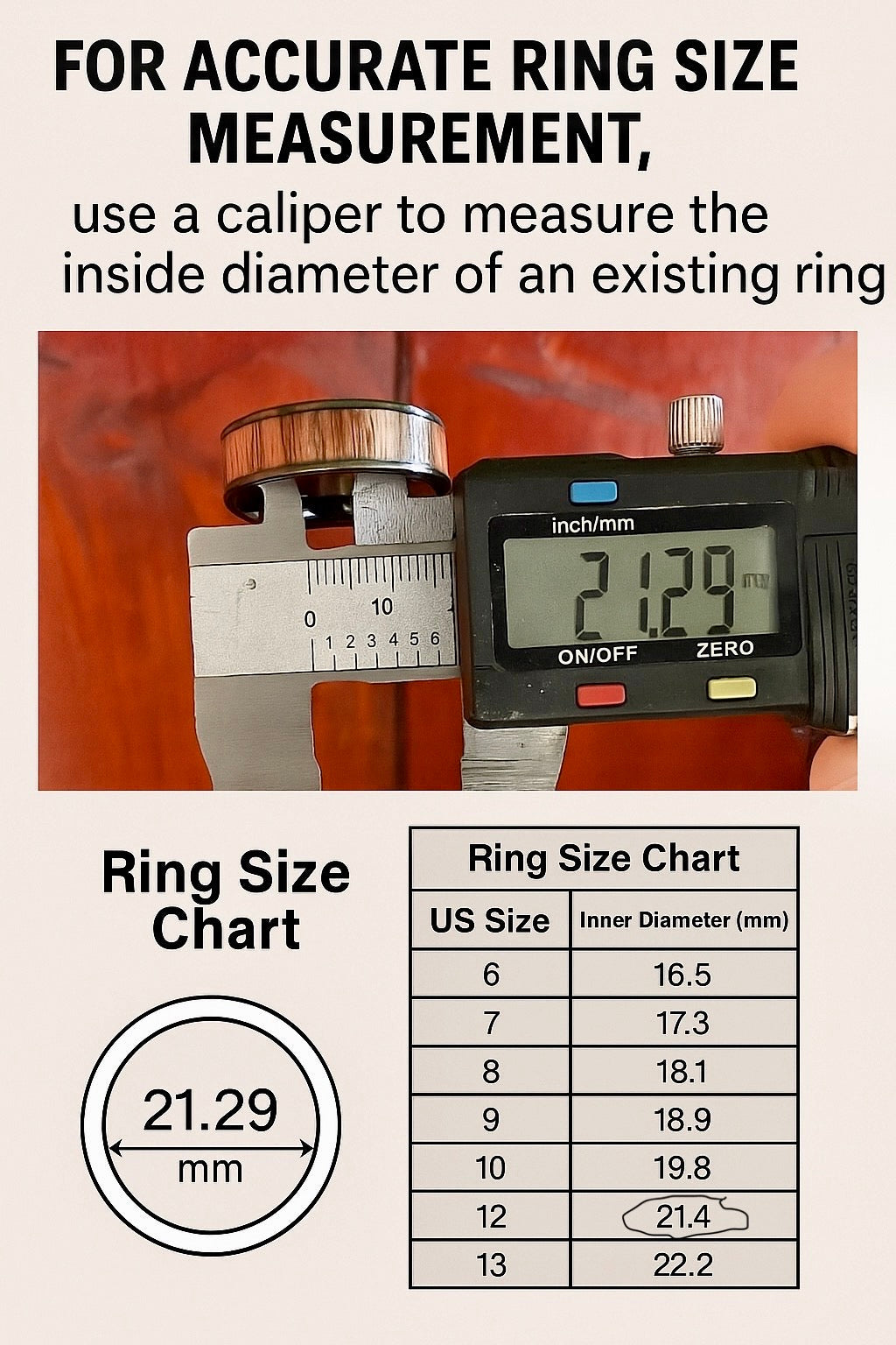 Ring size measurement guide showing a caliper measuring an existing ring inside diameter, with text instructions and a ring size chart table listing US sizes 6 through 13 and corresponding inner diameters in millimeters.