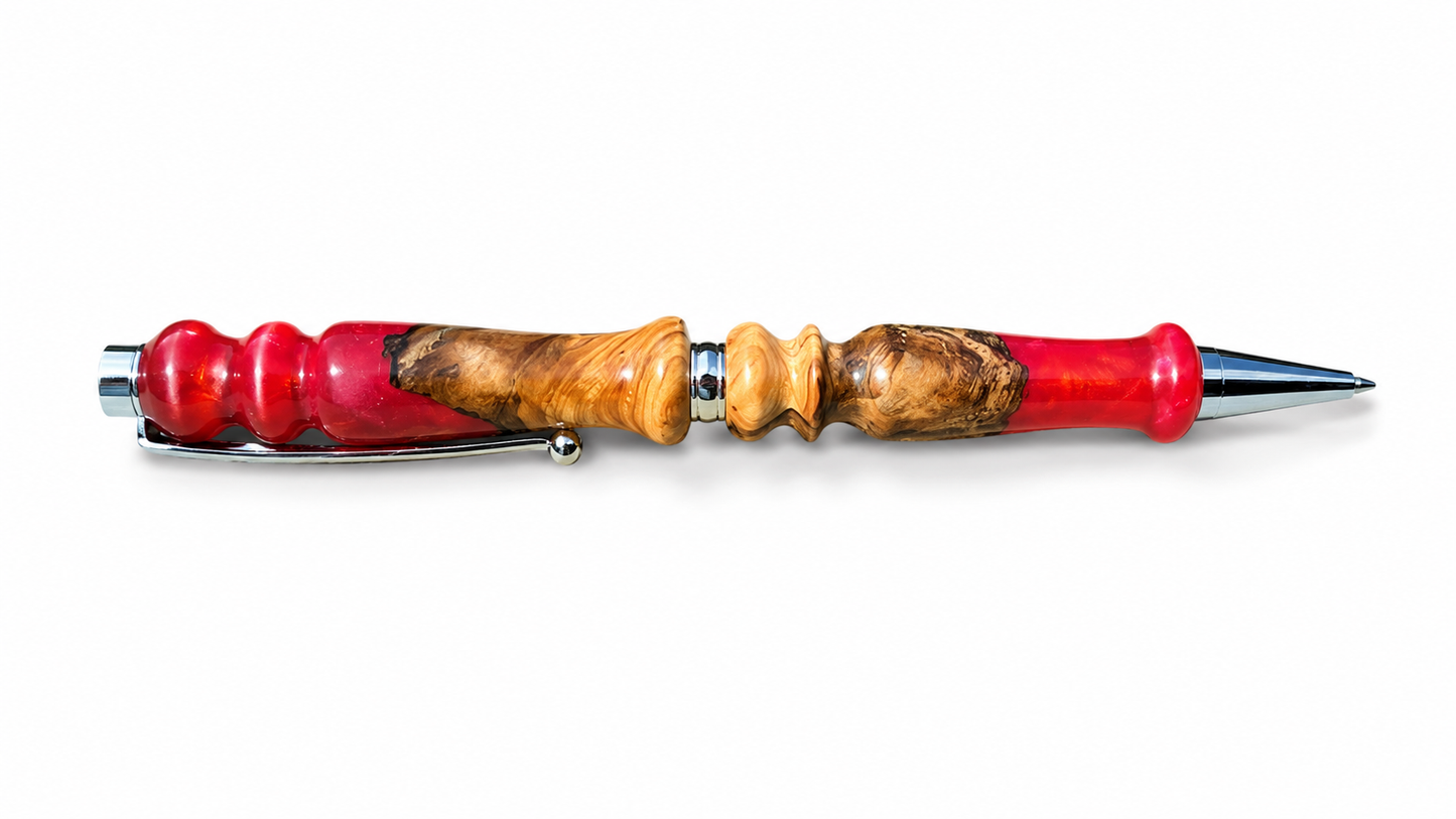 Unique handmade olive wood pen with vibrant red purple epoxy resin