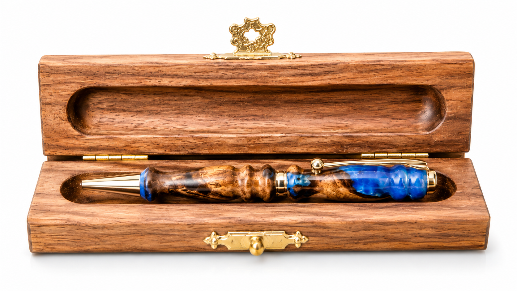 Unique walnut wood pen featuring shimmering blue pearl resin