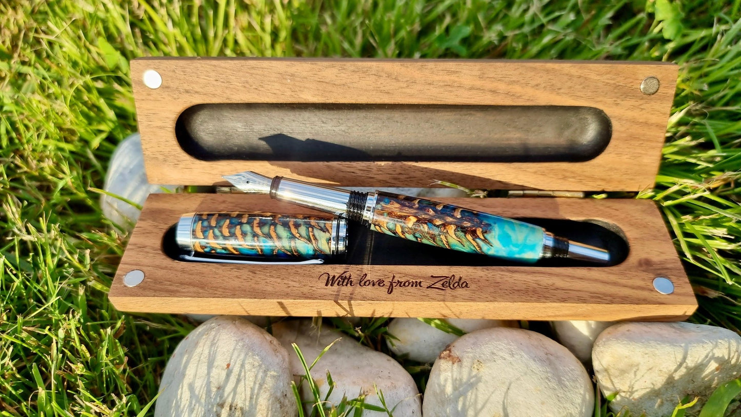 Handmade pine cone epoxy fountain pen in wooden gift box – luxury artisan writing instrument
