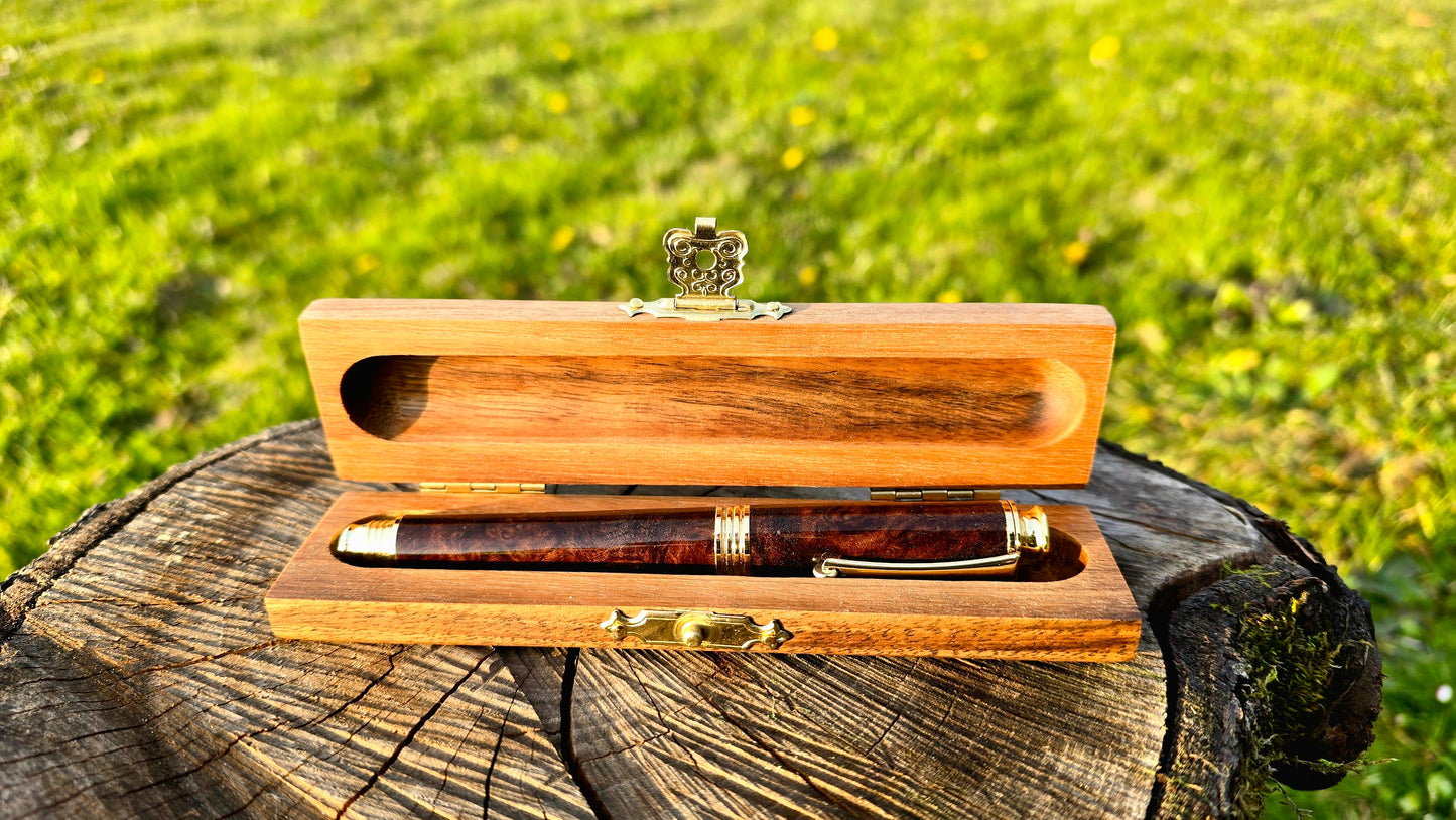 Close-up of stabilized walnut burl wood grain on handmade fountain pen
