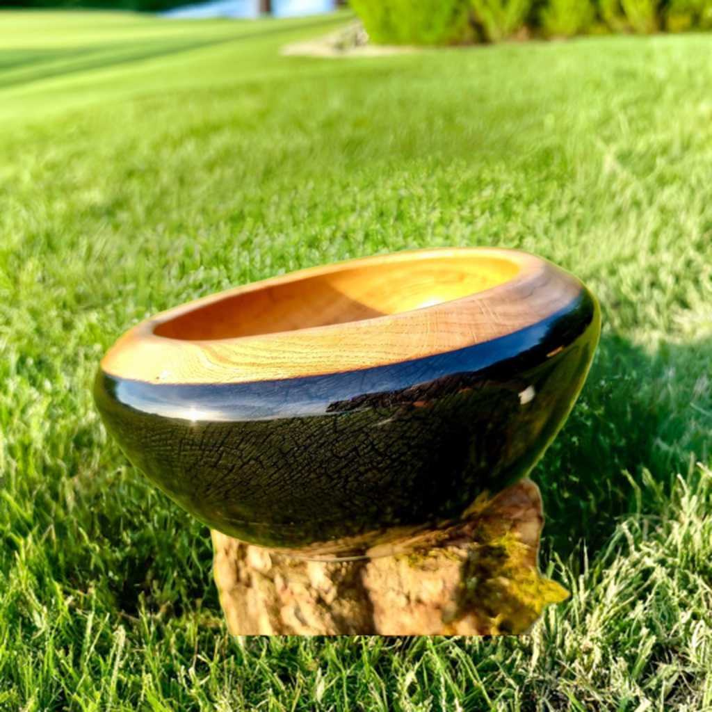 luxury handmade oak epoxy resin bowl showcasing burned wood grain and glossy resin finish