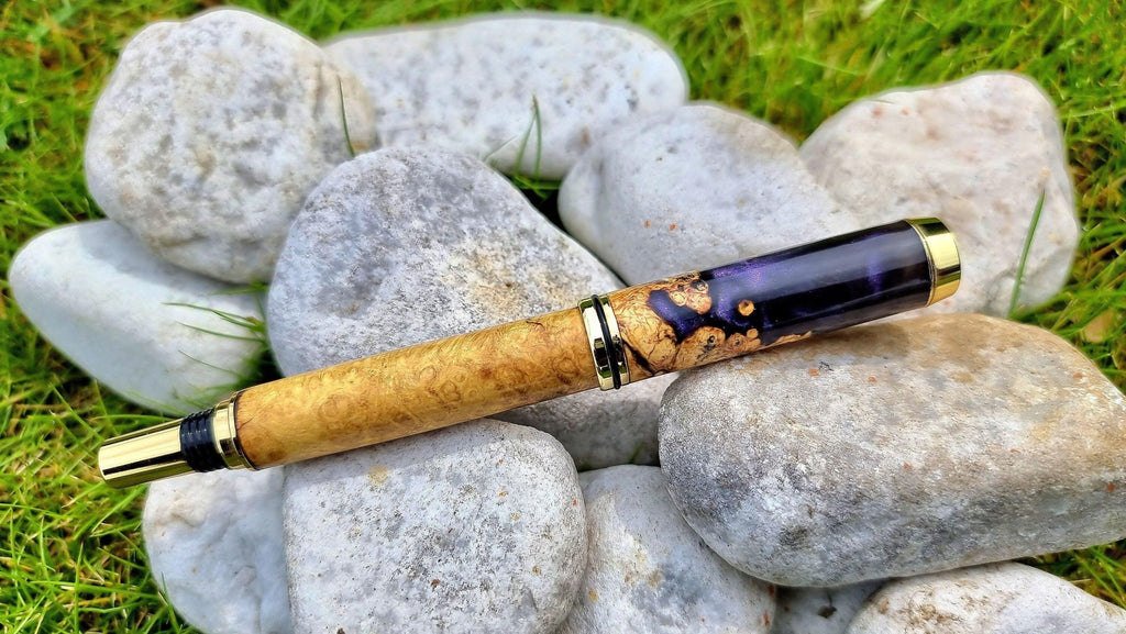 Handcrafted Fountain Pen with Epoxy Resin and Acacia Burl Wood | Unique Wooden Writing Pen - PipejaWood