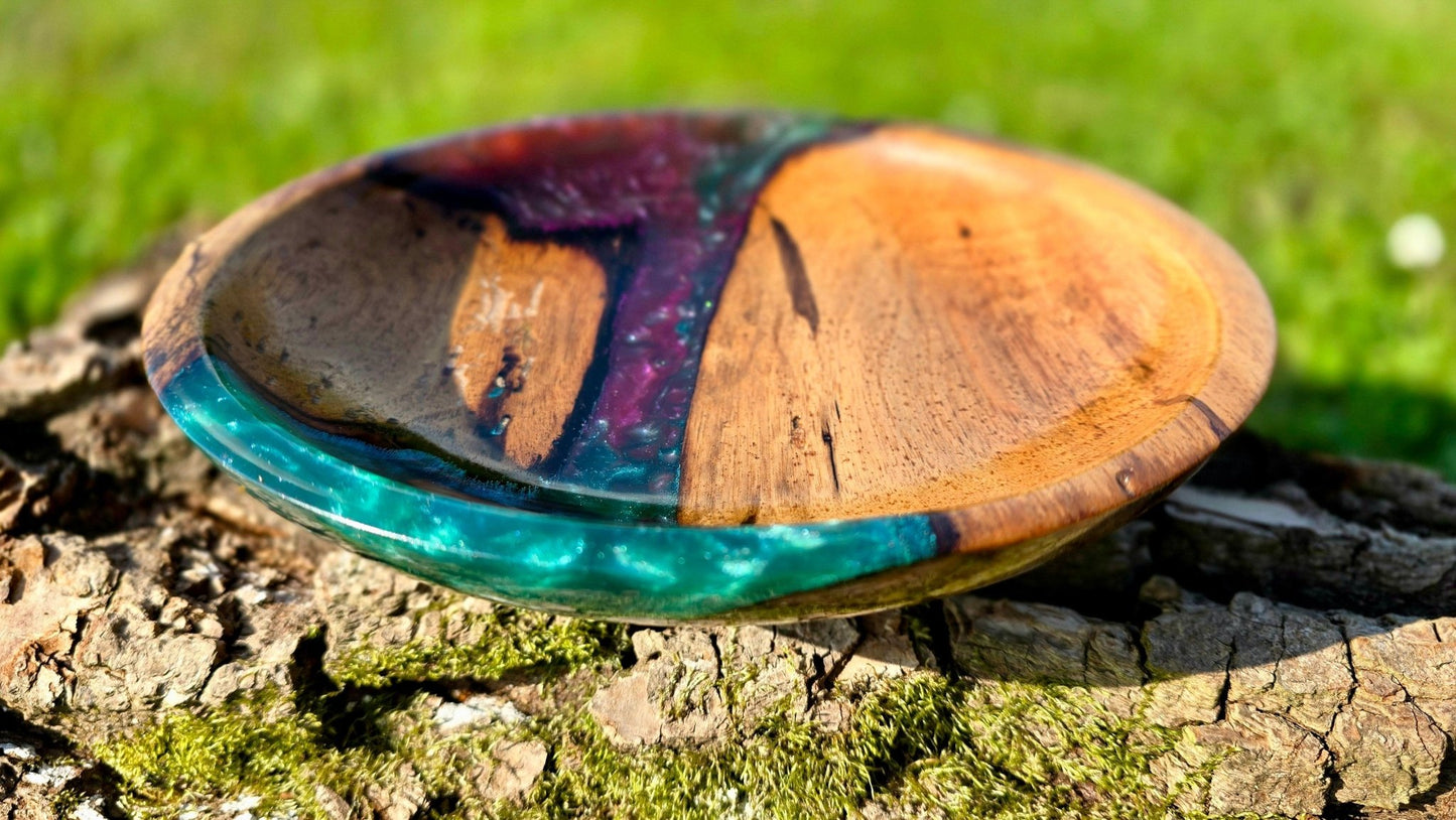 Handcrafted Walnut Wood River Bowl with Green and Purple Pearl Epoxy Resin – Perfect Kitchen Decor - PipejaWood