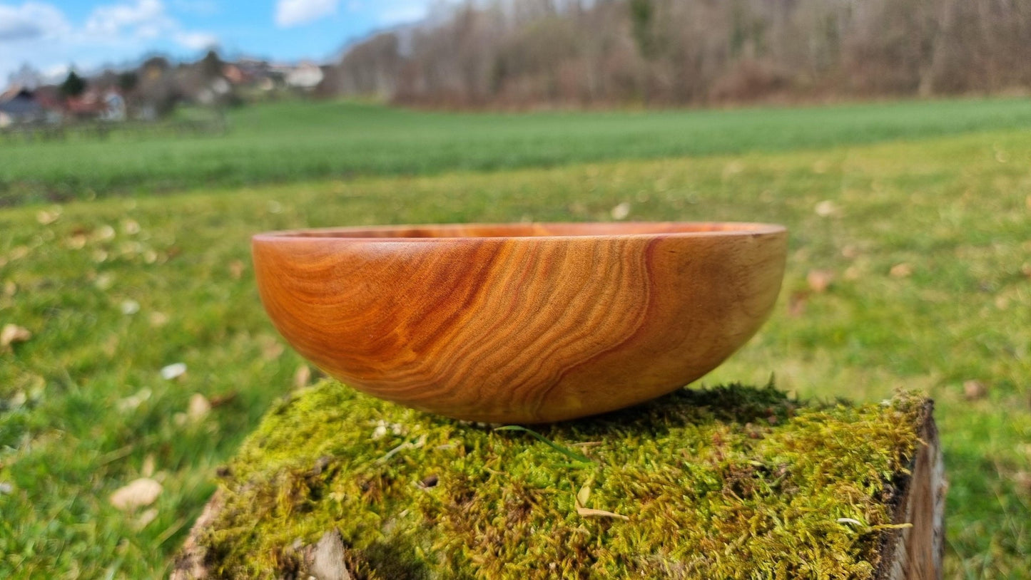 handmade plum wood bowl natural grain close up