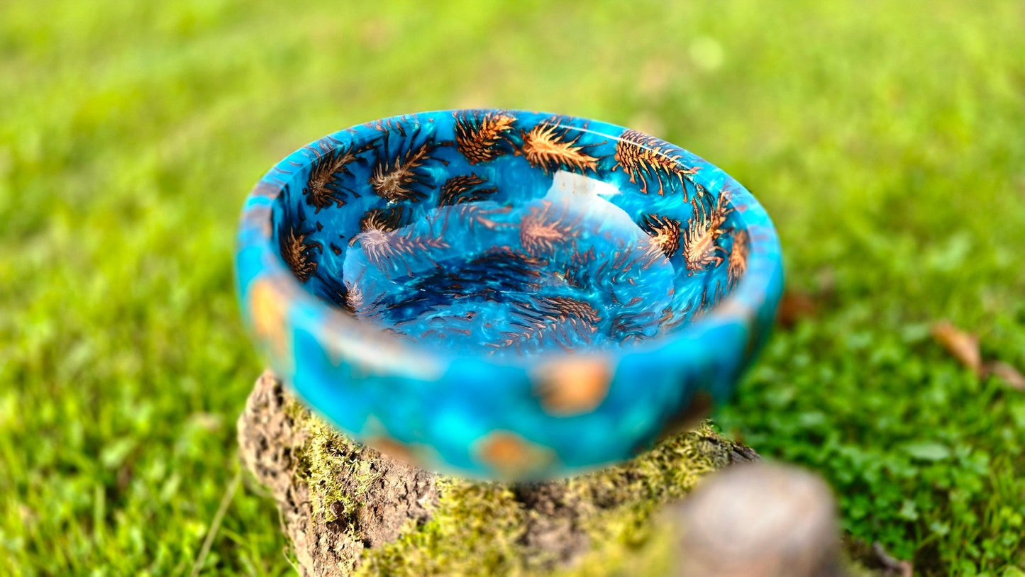 luxury blue epoxy resin bowl with natural pine cones handmade centerpiece