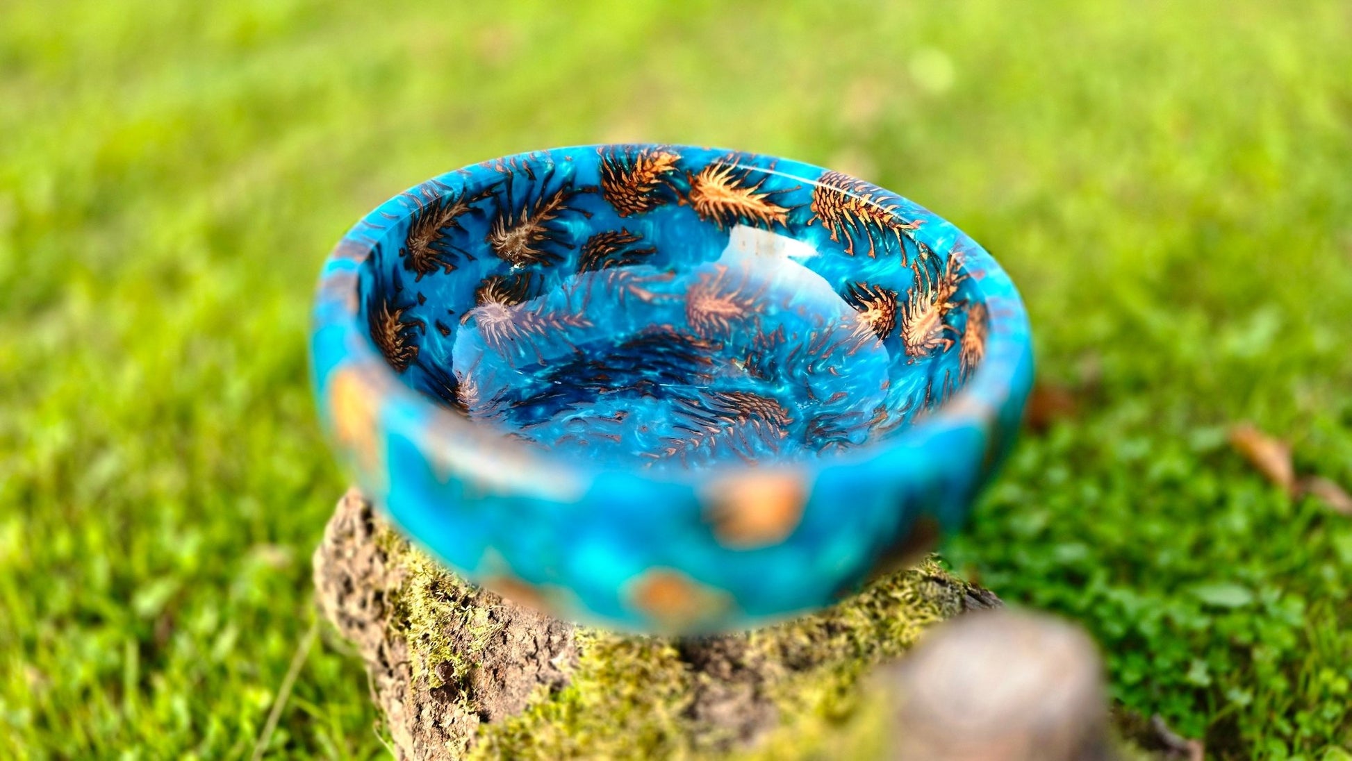 luxury blue epoxy resin bowl with natural pine cones handmade centerpiece