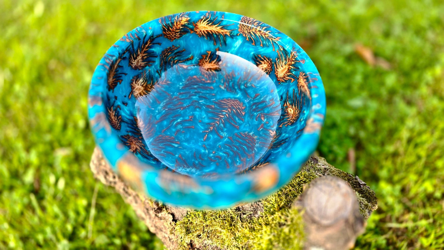 unique handmade resin art bowl with pine cones natural textures inside