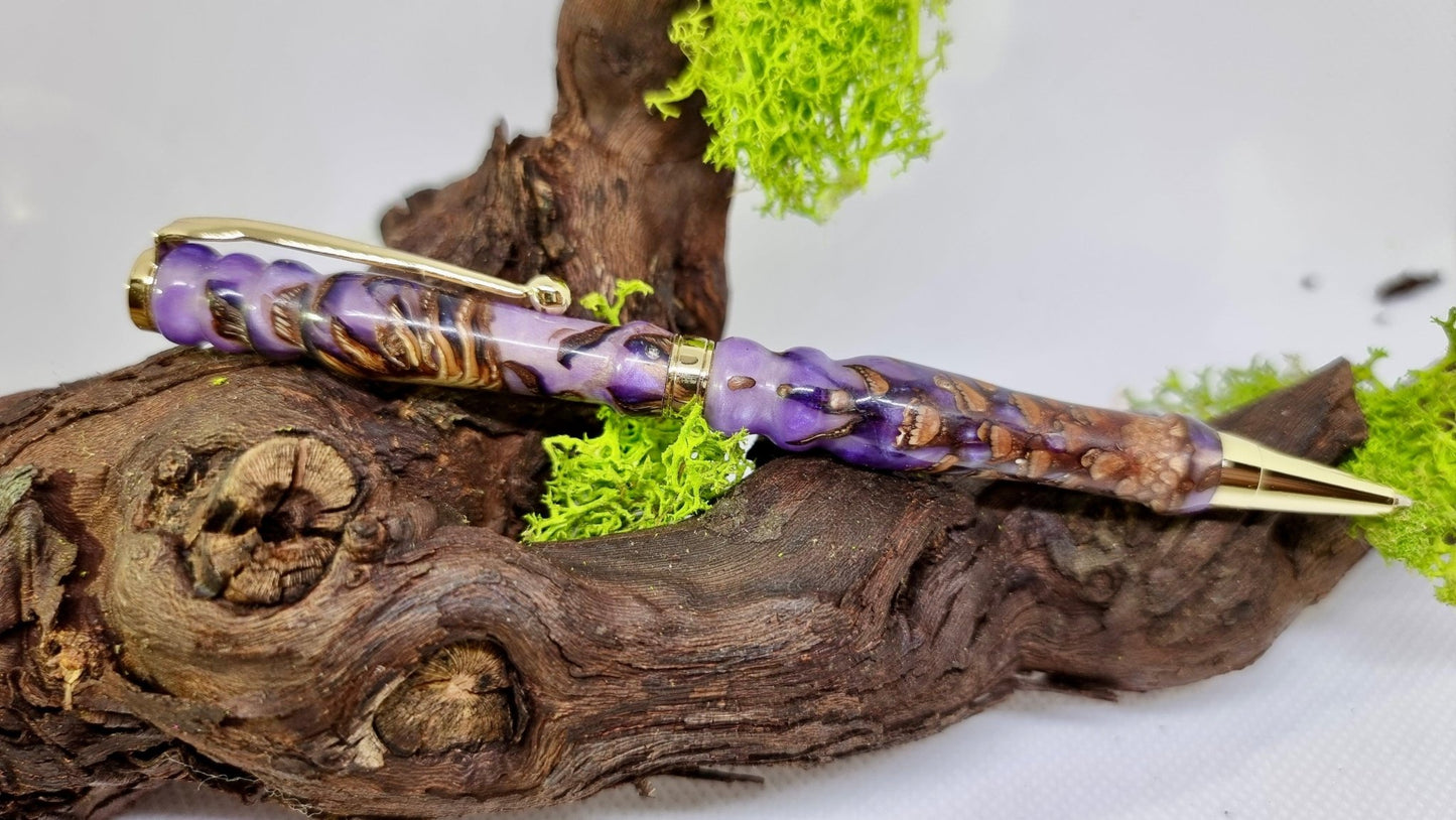 Luxury handmade epoxy resin pen with real pine cones and gold hardware