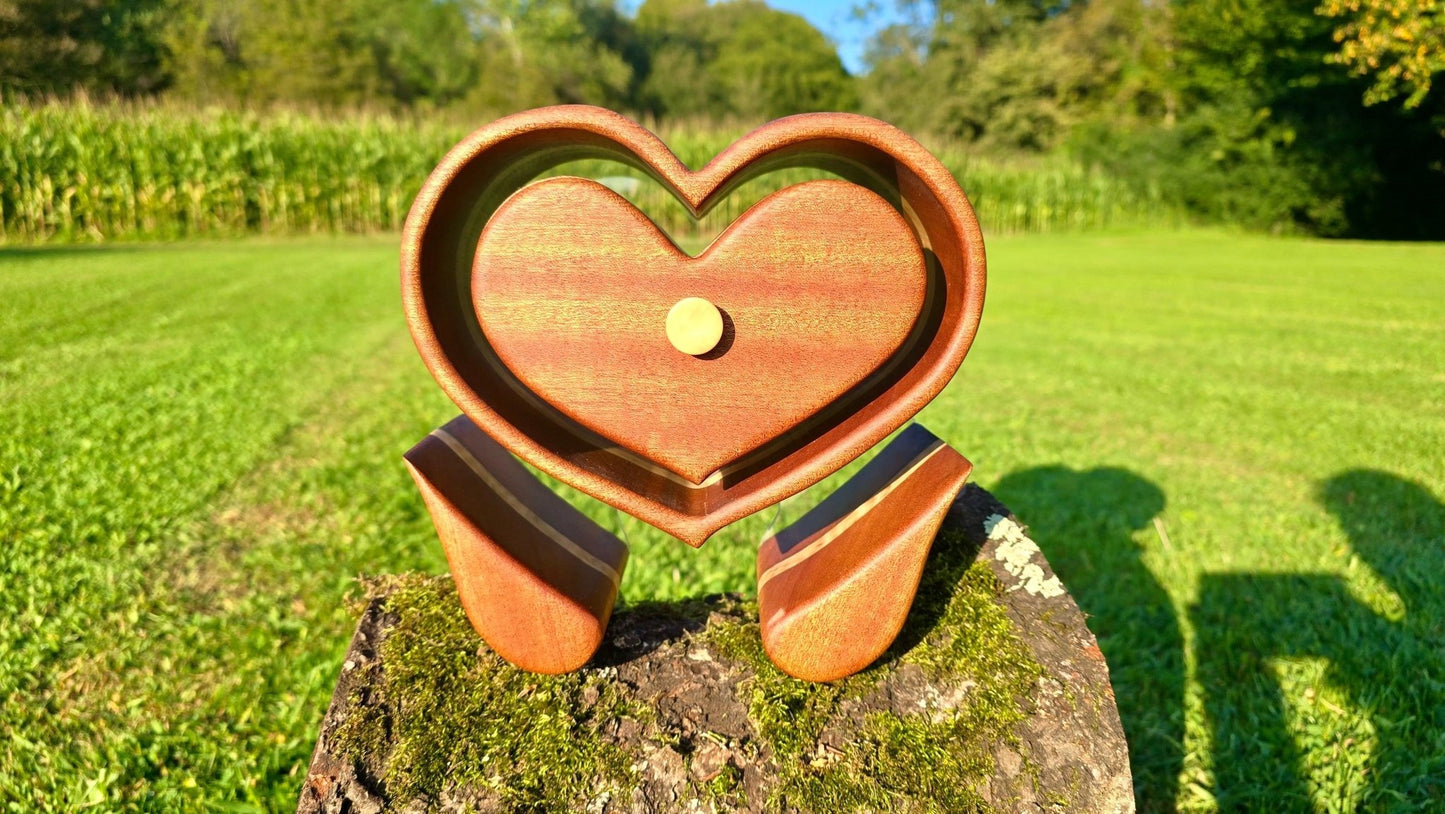 Handmade Floating Heart Jewelry Box – Mahogany & Maple Wood with Angel Wing Legs - PipejaWood
