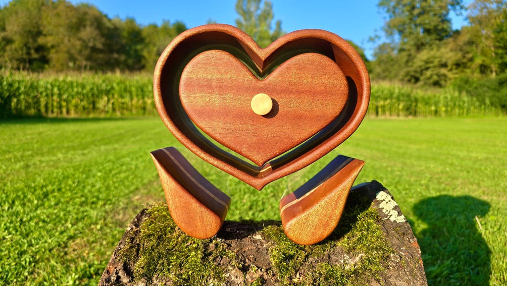 Handmade Floating Heart Jewelry Box – Mahogany & Maple Wood with Angel Wing Legs - PipejaWood