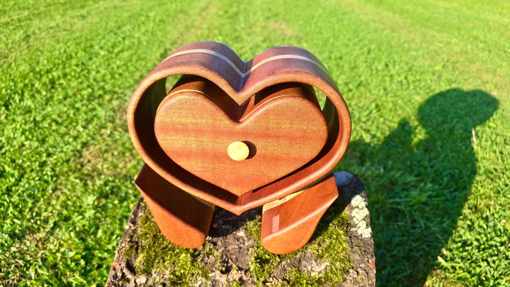 Handmade Floating Heart Jewelry Box – Mahogany & Maple Wood with Angel Wing Legs - PipejaWood