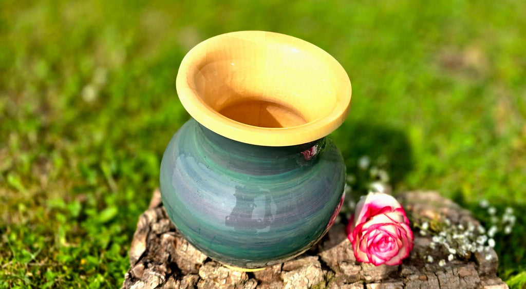 Handmade Maple Wood Vase with Acrylic Paint – Artistic Decorative Piece, 25cm x 17cm (9.8in x 6.7in) - PipejaWood