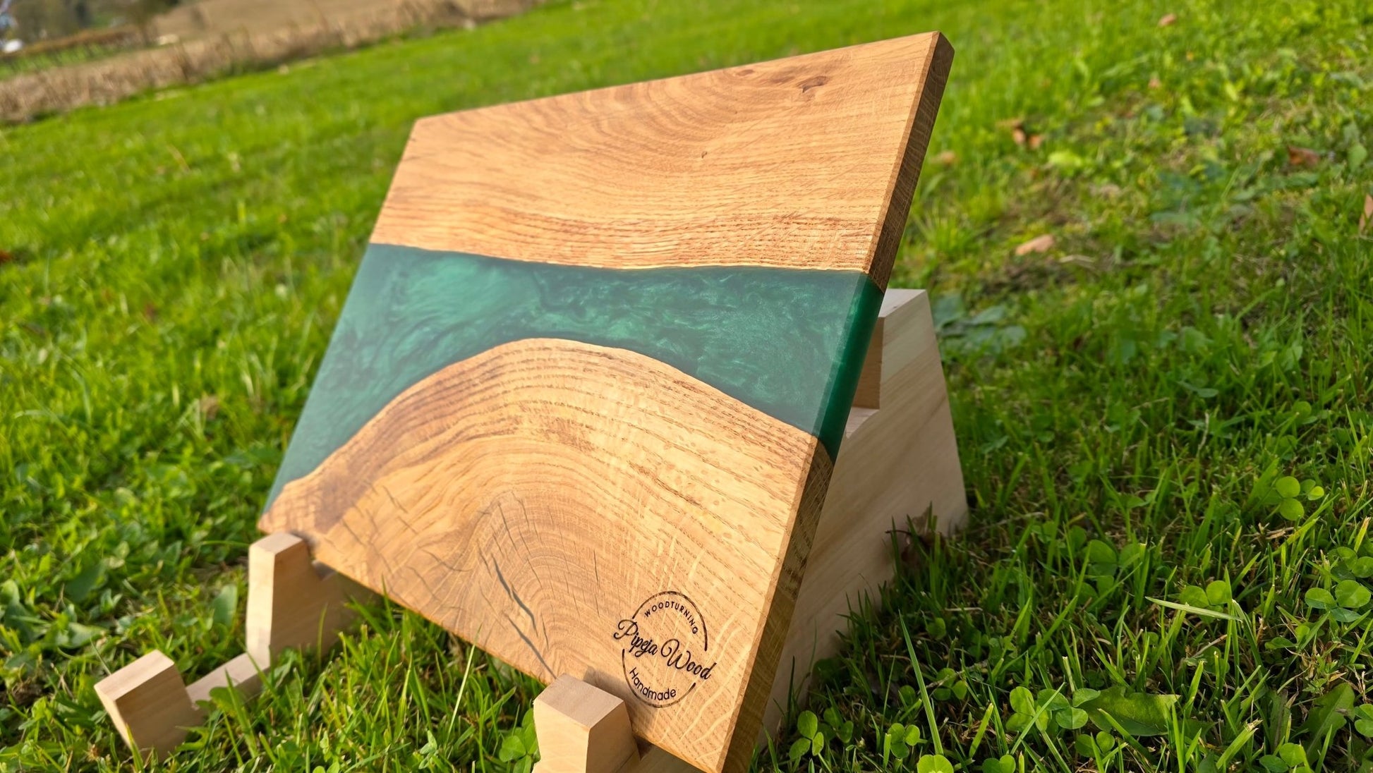 Handmade Oak Wood Serving Board with Green Epoxy Resin – 30cm x 25cm (11.8" x 9.8") | Perfect for Cheese, Charcuterie & Appetizers - PipejaWood
