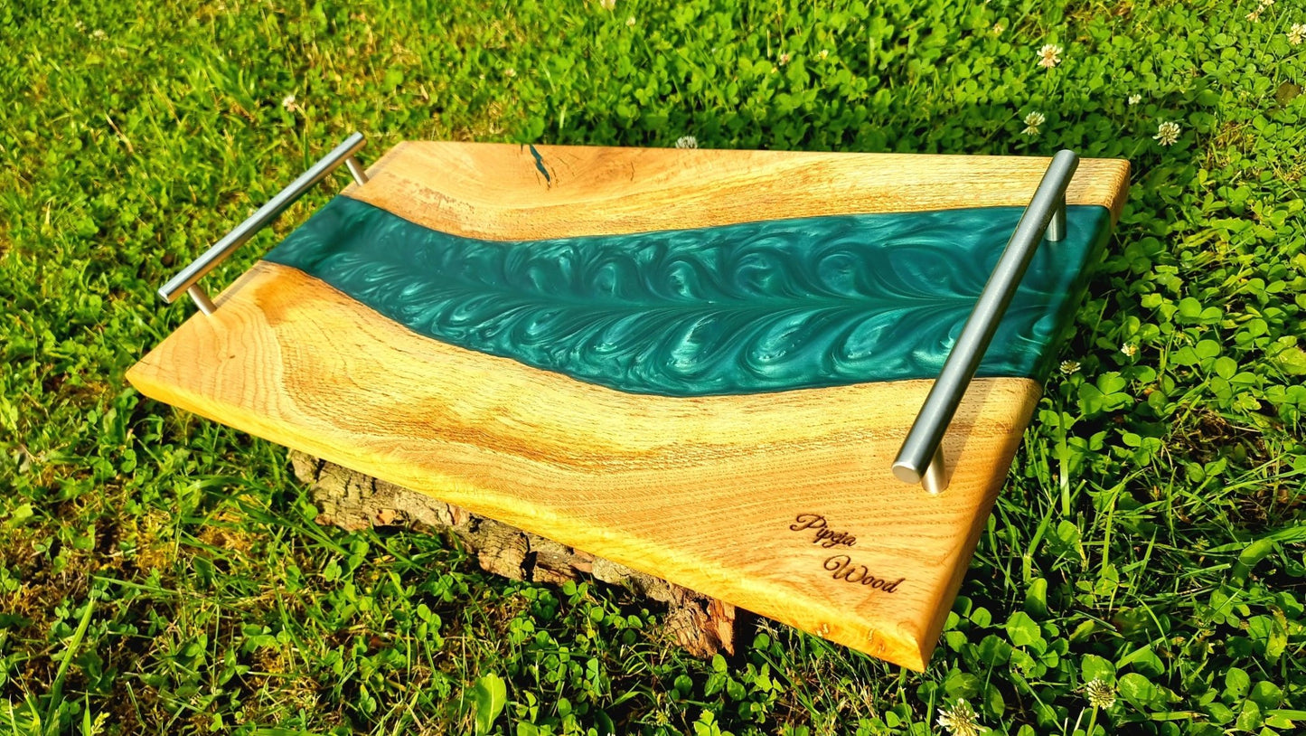 Handmade Oak Wood Serving Board with Pearl Green Epoxy Resin – 52cm x 28cm | Cheese, Charcuterie, and Appetizer Board - PipejaWood