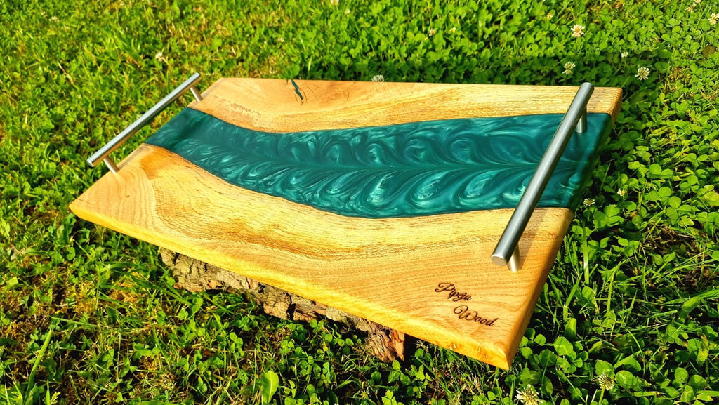 Handmade Oak Wood Serving Board with Pearl Green Epoxy Resin – 52cm x 28cm | Cheese, Charcuterie, and Appetizer Board - PipejaWood