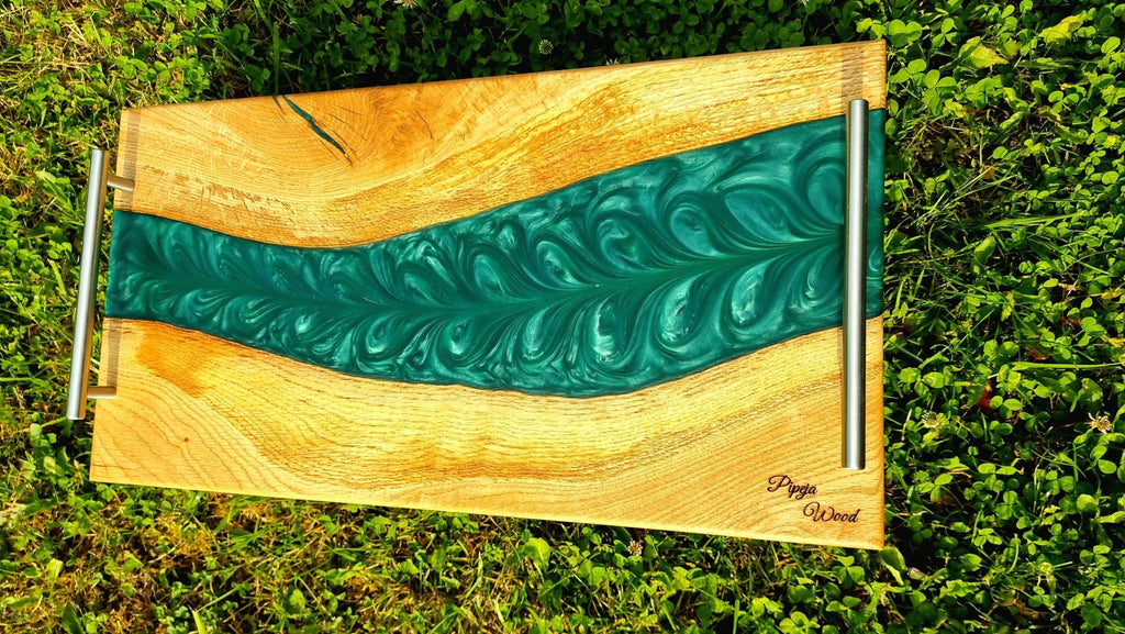 Handmade Oak Wood Serving Board with Pearl Green Epoxy Resin – 52cm x 28cm | Cheese, Charcuterie, and Appetizer Board - PipejaWood