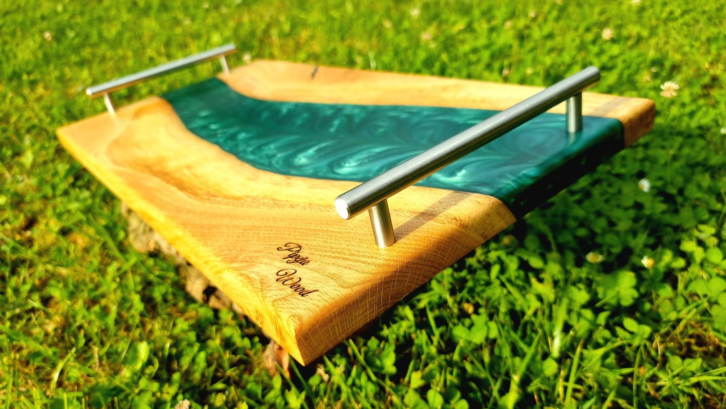 Handmade Oak Wood Serving Board with Pearl Green Epoxy Resin – 52cm x 28cm | Cheese, Charcuterie, and Appetizer Board - PipejaWood