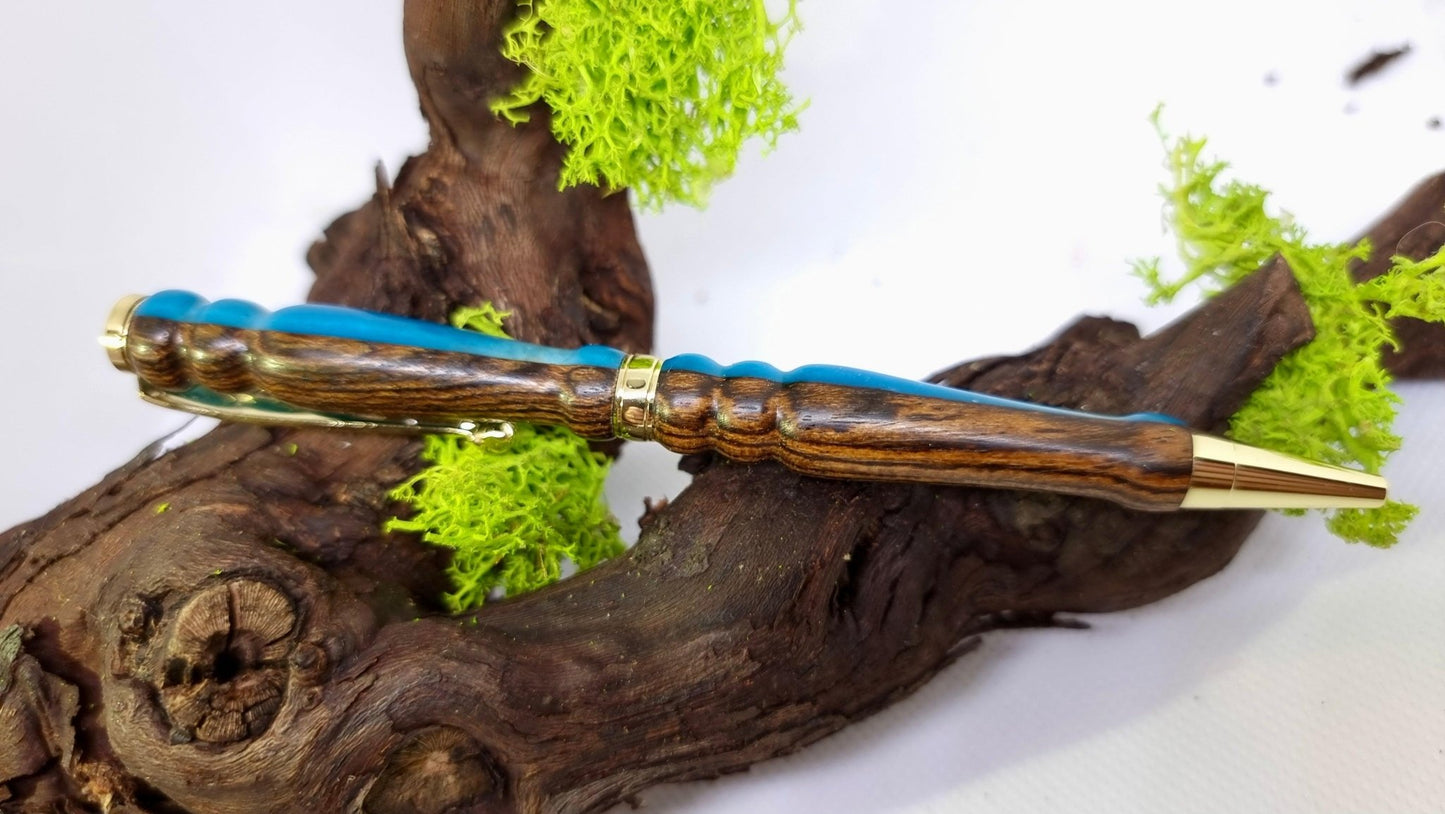 Handmade Pen from Bucota Wood and Blue Epoxy Resin – Custom Luxury Ballpoint Pen | Unique Writing Instrument - PipejaWood