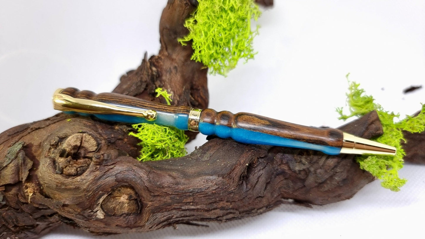 Handmade Pen from Bucota Wood and Blue Epoxy Resin – Custom Luxury Ballpoint Pen | Unique Writing Instrument - PipejaWood