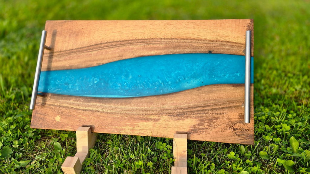 Handmade Walnut Wood Serving Board with Blue Epoxy Resin – 55cm x 30cm (21.6 x 11.8 inches) | Charcuterie & Cheese Board - PipejaWood