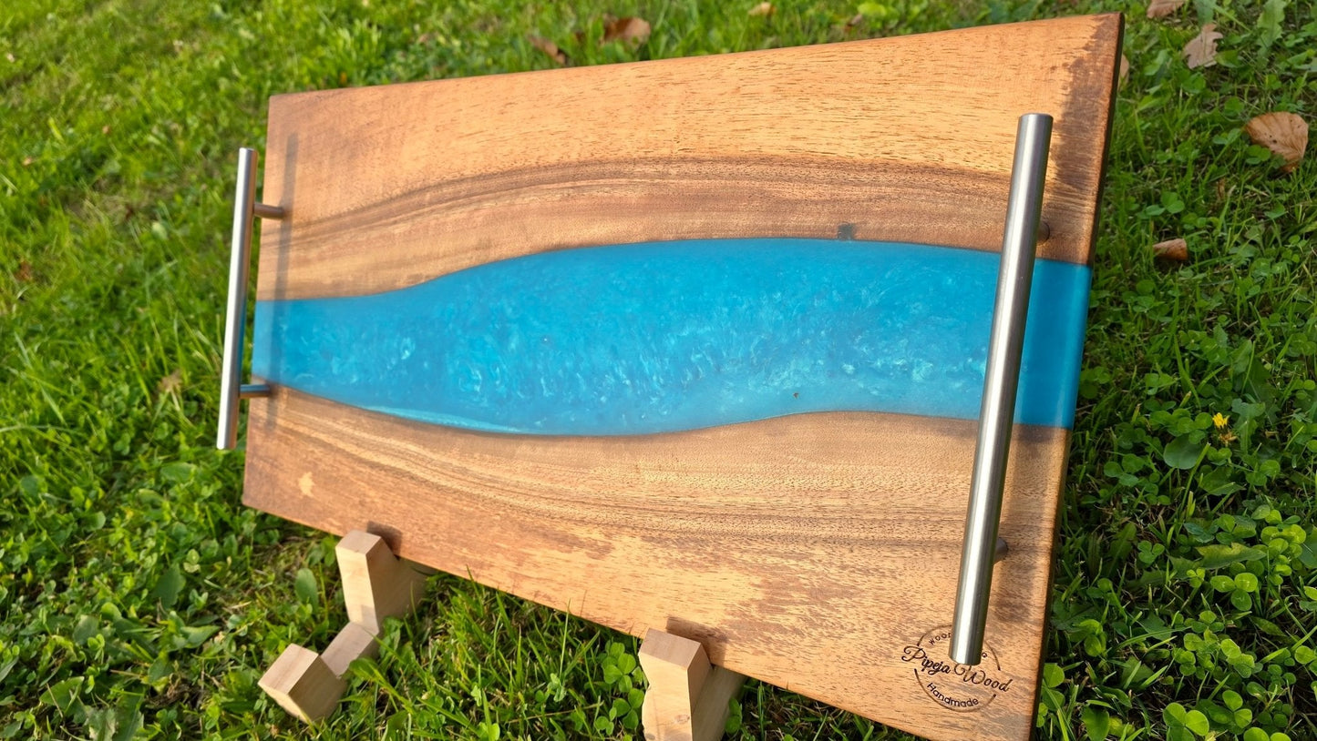 Handmade Walnut Wood Serving Board with Blue Epoxy Resin – 55cm x 30cm (21.6 x 11.8 inches) | Charcuterie & Cheese Board - PipejaWood