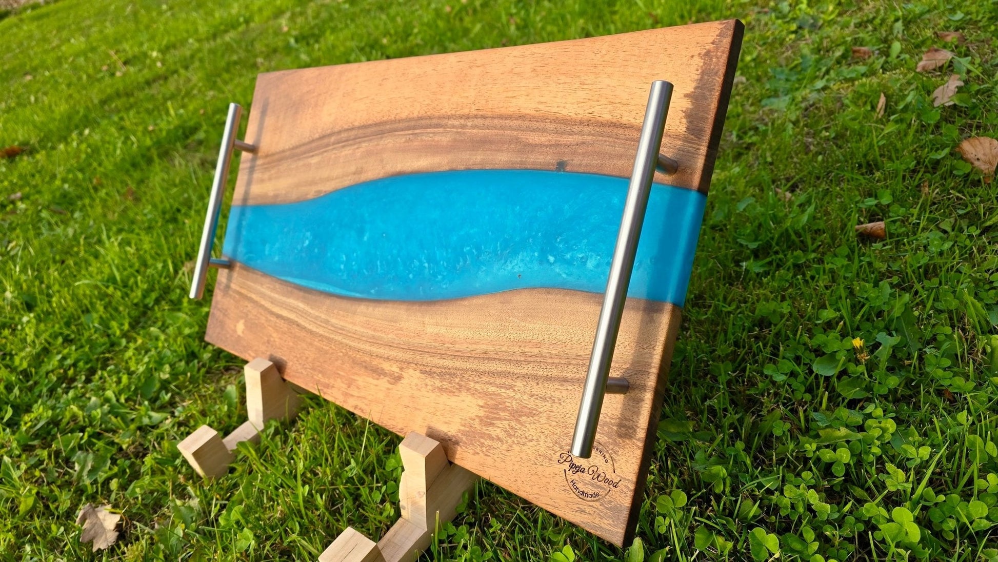 Handmade Walnut Wood Serving Board with Blue Epoxy Resin – 55cm x 30cm (21.6 x 11.8 inches) | Charcuterie & Cheese Board - PipejaWood