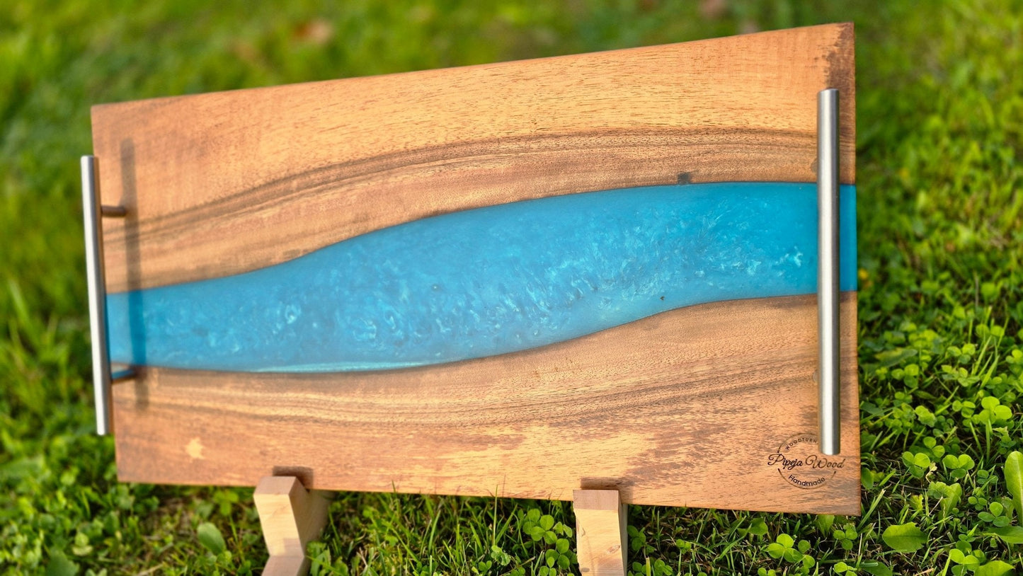 Handmade Walnut Wood Serving Board with Blue Epoxy Resin – 55cm x 30cm (21.6 x 11.8 inches) | Charcuterie & Cheese Board - PipejaWood
