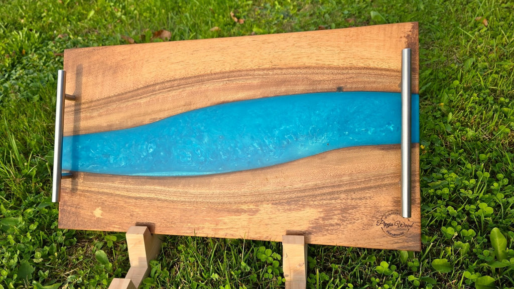 Handmade Walnut Wood Serving Board with Blue Epoxy Resin – 55cm x 30cm (21.6 x 11.8 inches) | Charcuterie & Cheese Board - PipejaWood