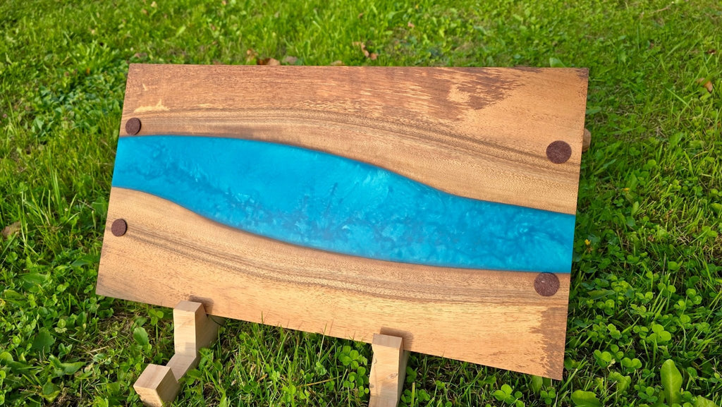 Handmade Walnut Wood Serving Board with Blue Epoxy Resin – 55cm x 30cm (21.6 x 11.8 inches) | Charcuterie & Cheese Board - PipejaWood