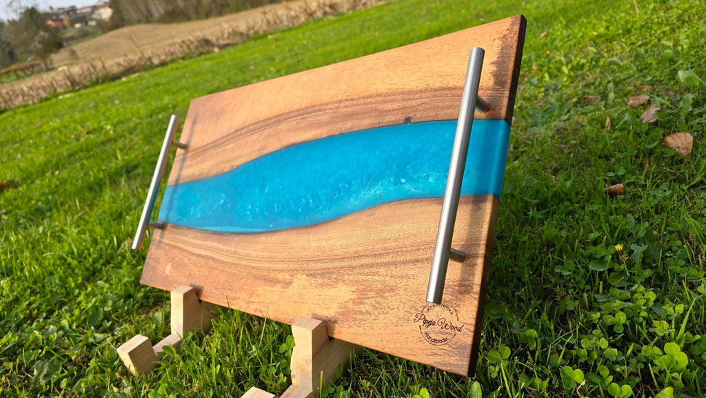 Handmade Walnut Wood Serving Board with Blue Epoxy Resin – 55cm x 30cm (21.6 x 11.8 inches) | Charcuterie & Cheese Board - PipejaWood