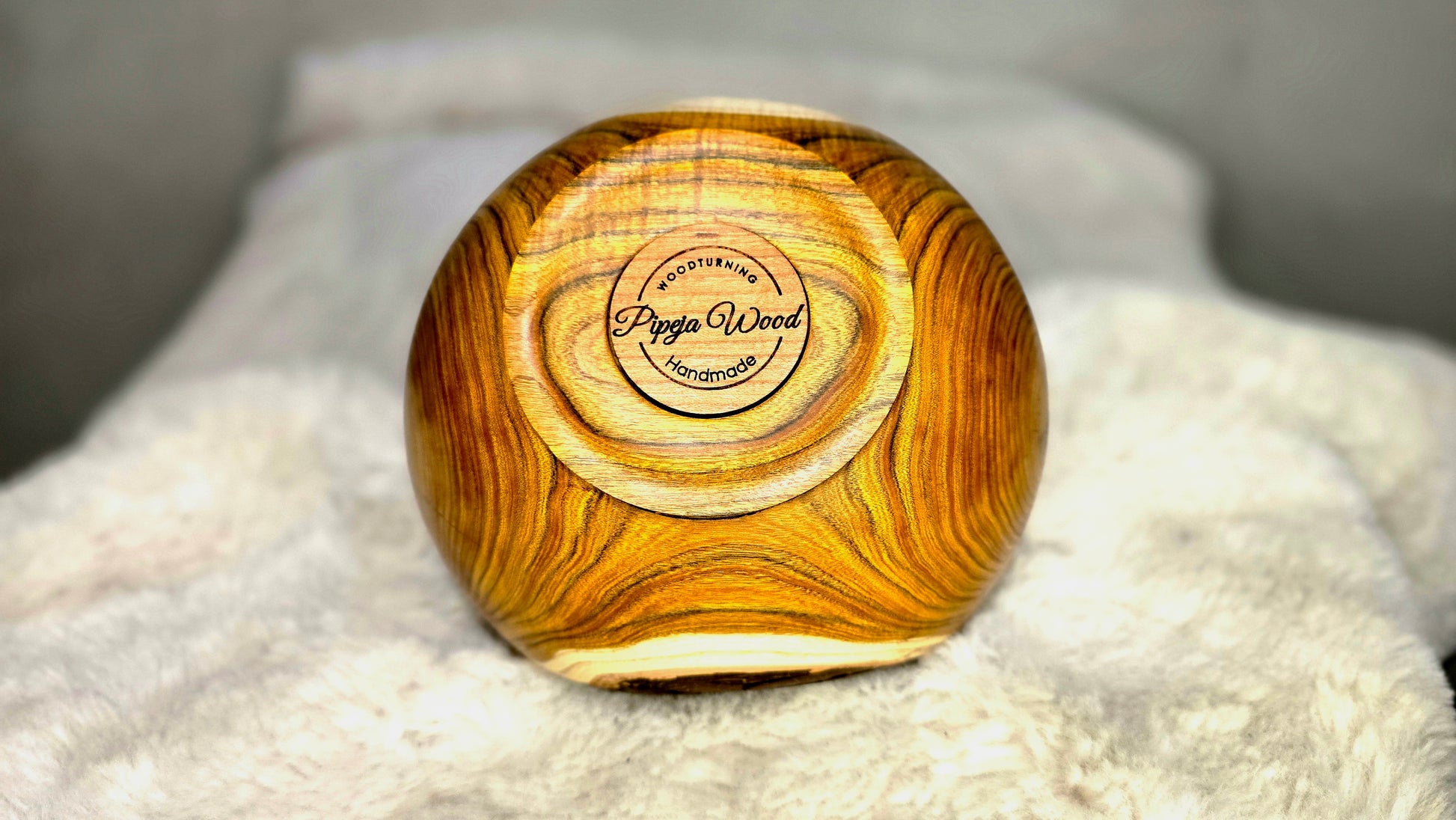 handmade wooden bowl base with Pipejawood logo signature
