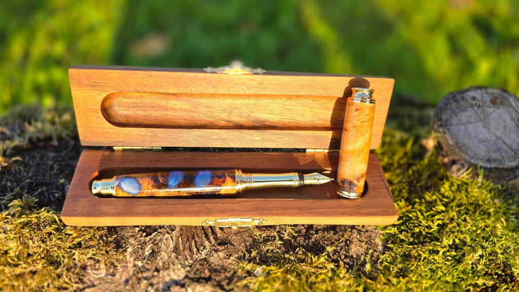 Limited Edition Handmade Fountain Pen – Poplar Burl Wood & Blue Pearl Epoxy Resin - PipejaWood