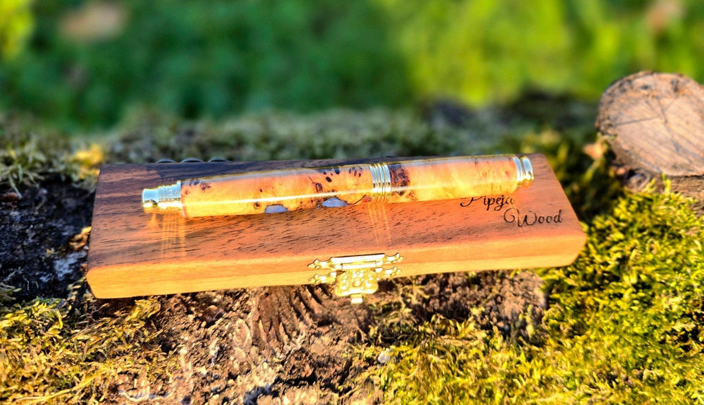 Limited Edition Handmade Fountain Pen – Poplar Burl Wood & Blue Pearl Epoxy Resin - PipejaWood