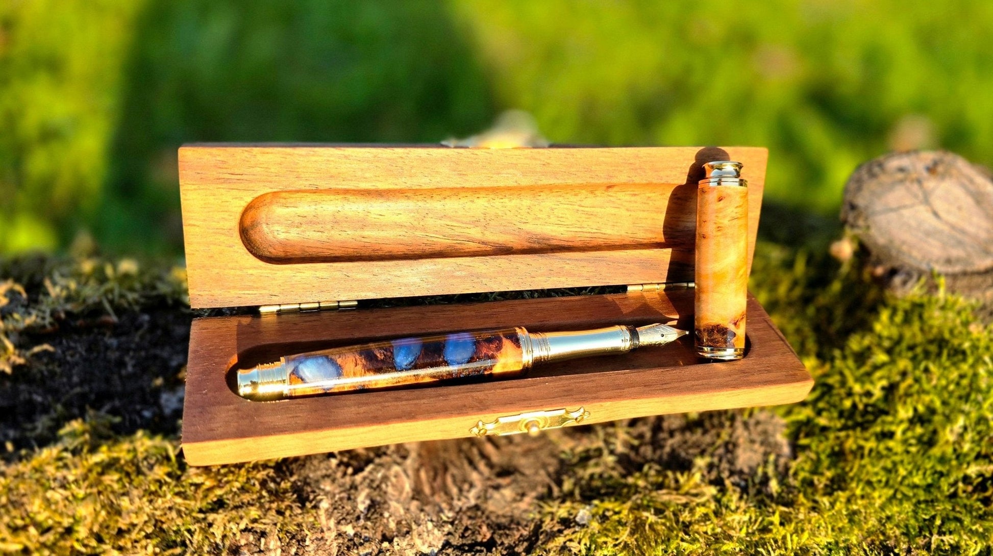 Custom handmade fountain pen from poplar wood and blue epoxy resin in wooden case
