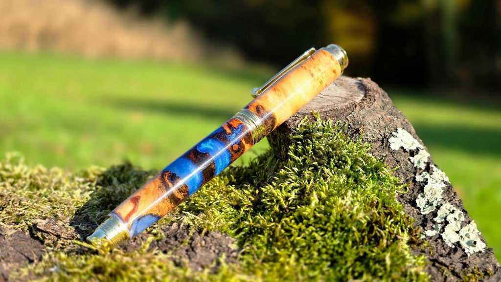 Limited Edition Handmade Fountain Pen – Poplar Burl Wood & Blue Pearl Epoxy Resin - PipejaWood