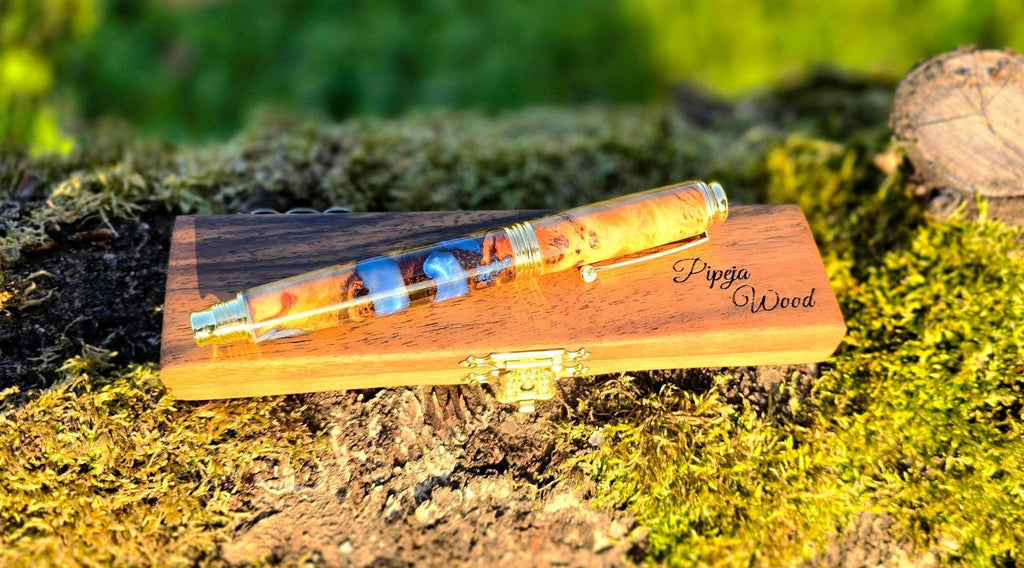 Limited Edition Handmade Fountain Pen – Poplar Burl Wood & Blue Pearl Epoxy Resin - PipejaWood