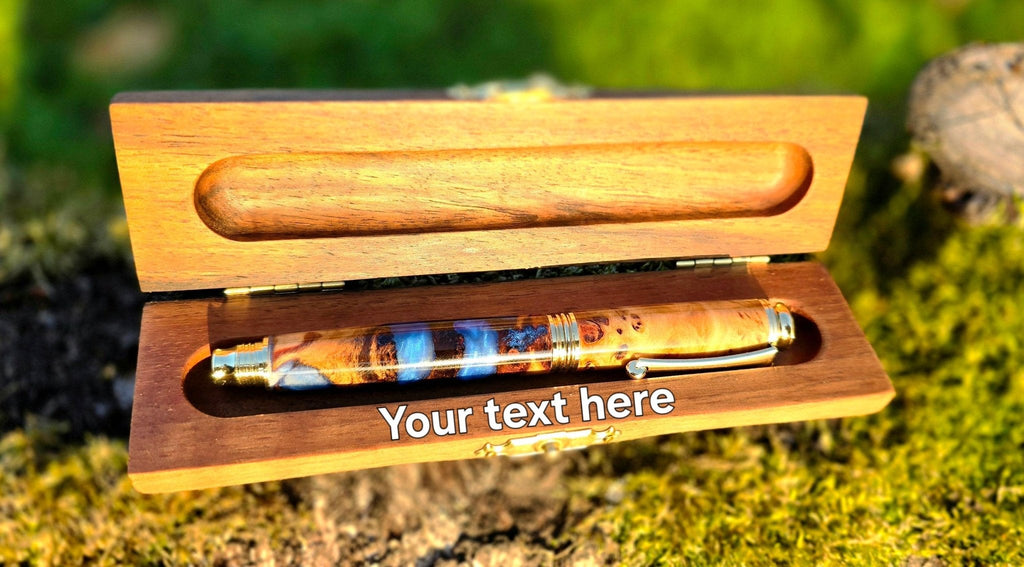 Limited Edition Handmade Fountain Pen – Poplar Burl Wood & Blue Pearl Epoxy Resin - PipejaWood