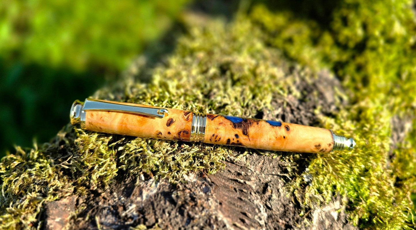 One-of-a-kind fountain pen crafted from poplar wood and blue pearl epoxy resin unique texture