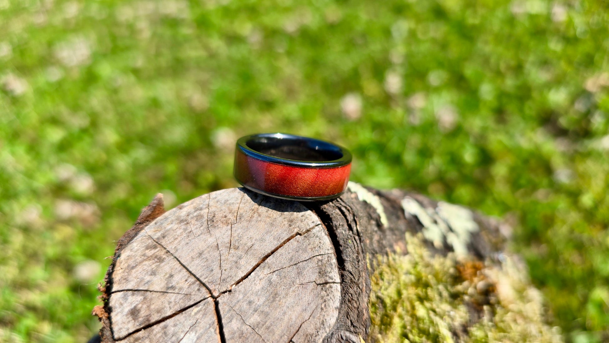 luxury purpleheart wood ring showing ceramic inlay detail