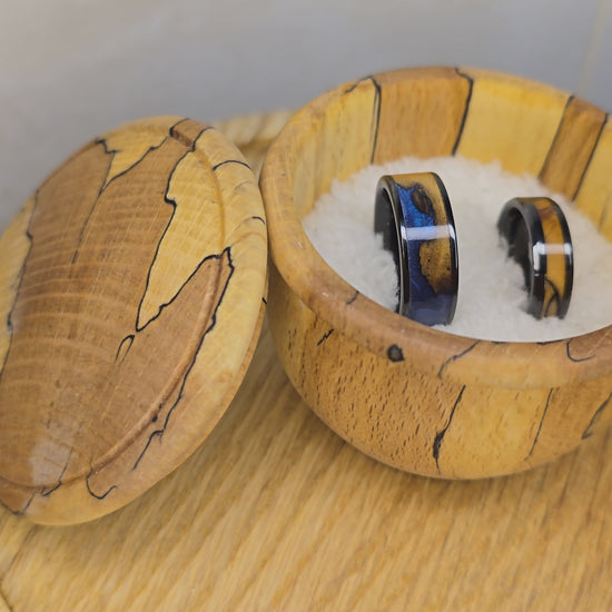 olive wood wedding ring In a box