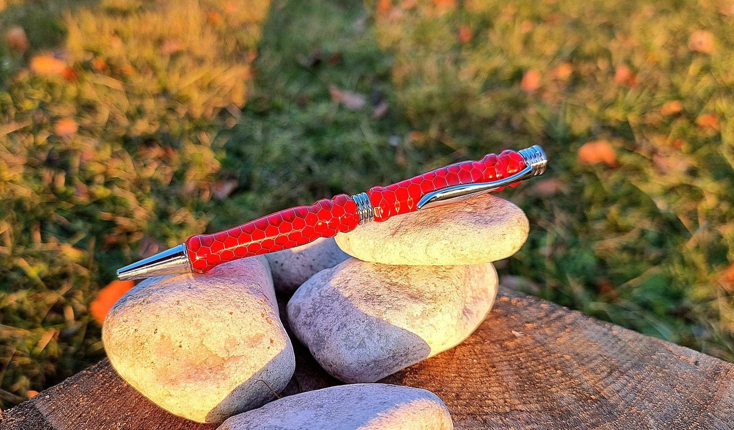 Red Epoxy Resin Pen with Aluminium Honeycomb – Luxury Ballpoint Pen | Custom Writing Instrument - PipejaWood