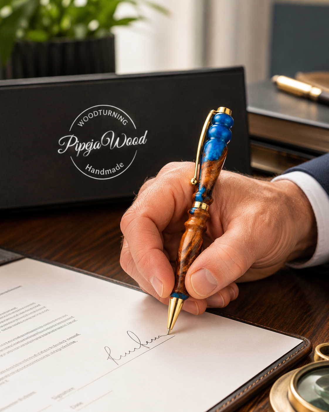 Handmade Walnut Wood & Blue Pearl Resin Pen – Luxury Wooden Ballpoint Pen | PipejaWood